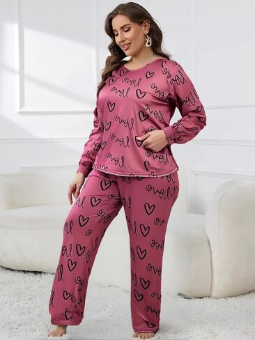 Women's Plus Size Pajama Set Sleepwear Two-Piece Lounge Set with Heart Print in Saudi Arabia
