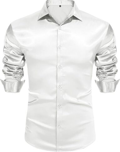 URRU Men's Luxury Shiny Silk Like Satin Dress Shirt Long Sleeve Casual Slim Fit Muscle Button Up Shirts in Kuwait