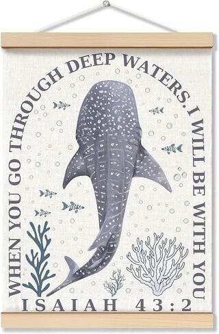ZNGFON Trendy Whale Shark Christian Wall Decor, When You Go Through Deep Waters I Will Be With You Isaiah 43:2 Wall Art Poster with Wooden Frame, Blue Bible Verse Wall Hanging Home Decor, 12x16 Inch in Saudi Arabia