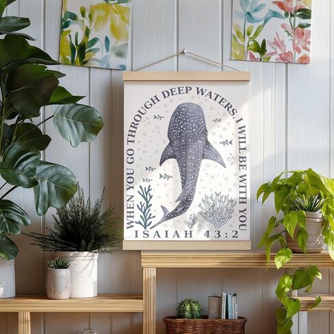 ZNGFON Trendy Whale Shark Christian Wall Decor, When You Go Through Deep Waters I Will Be With You Isaiah 43:2 Wall Art Poster with Wooden Frame, Blue Bible Verse Wall Hanging Home Decor, 12x16 Inch in Saudi Arabia