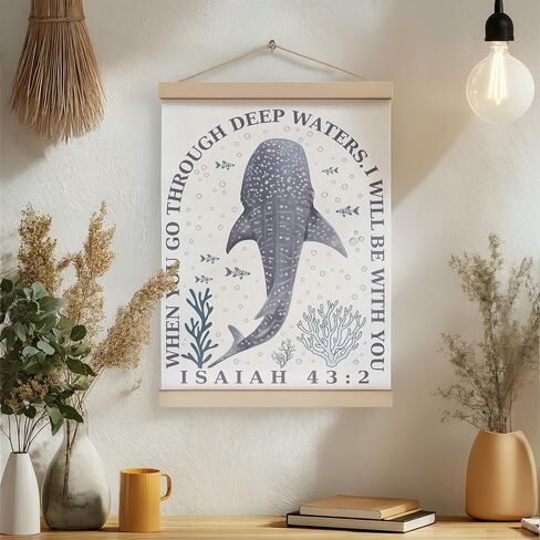 ZNGFON Trendy Whale Shark Christian Wall Decor, When You Go Through Deep Waters I Will Be With You Isaiah 43:2 Wall Art Poster with Wooden Frame, Blue Bible Verse Wall Hanging Home Decor, 12x16 Inch in Saudi Arabia