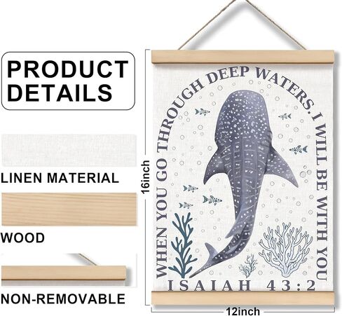 ZNGFON Trendy Whale Shark Christian Wall Decor, When You Go Through Deep Waters I Will Be With You Isaiah 43:2 Wall Art Poster with Wooden Frame, Blue Bible Verse Wall Hanging Home Decor, 12x16 Inch in Saudi Arabia