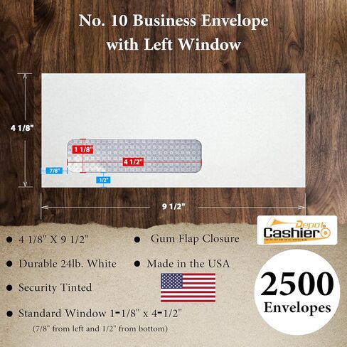 500 Cashier Depot No. 10 Security Business Envelopes with Left Window, 4 1/8 X 9 1/2, Gum Flap, Sturdy 24lb. White (500) in Saudi Arabia
