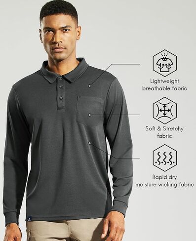Men's Polo Shirts Golf Long Sleeve - Quick Dry Performance Collared Tshirt Athletic Casual Lightweight with Pocket in Saudi Arabia