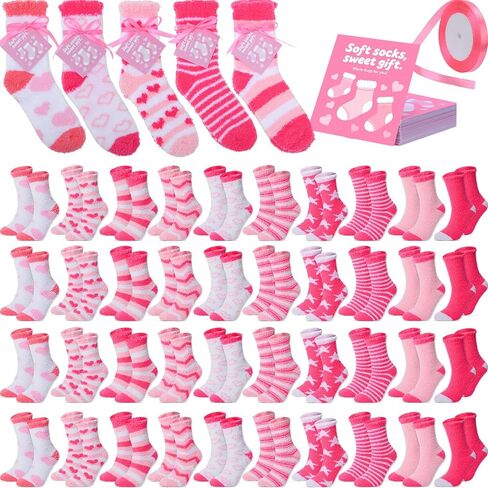 50 Pairs Womens Fuzzy Socks Bulk Thick Pink Fluffy Socks for Warm Women Cozy Fleece Comfy Ankle Soft Cupcake Stockings with Cards and Ribbons Winter Christmas Gifts Pink Birthday Gifts in Saudi Arabia