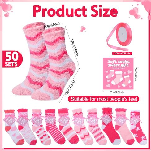 50 Pairs Womens Fuzzy Socks Bulk Thick Pink Fluffy Socks for Warm Women Cozy Fleece Comfy Ankle Soft Cupcake Stockings with Cards and Ribbons Winter Christmas Gifts Pink Birthday Gifts in Saudi Arabia