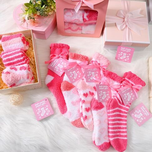 50 Pairs Womens Fuzzy Socks Bulk Thick Pink Fluffy Socks for Warm Women Cozy Fleece Comfy Ankle Soft Cupcake Stockings with Cards and Ribbons Winter Christmas Gifts Pink Birthday Gifts in Saudi Arabia