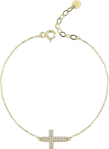MIONZA 14K Gold Plated Sideways Cross Bracelet for Women, Dainty Adjustable Christian Bracelet, Yellow Gold, Pearl, CZ Jewelry, Baptism & Christmas Gift for Her in Saudi Arabia