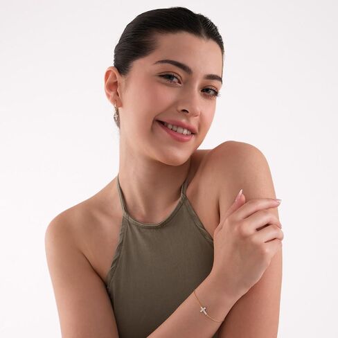 MIONZA 14K Gold Plated Sideways Cross Bracelet for Women, Dainty Adjustable Christian Bracelet, Yellow Gold, Pearl, CZ Jewelry, Baptism & Christmas Gift for Her in Saudi Arabia