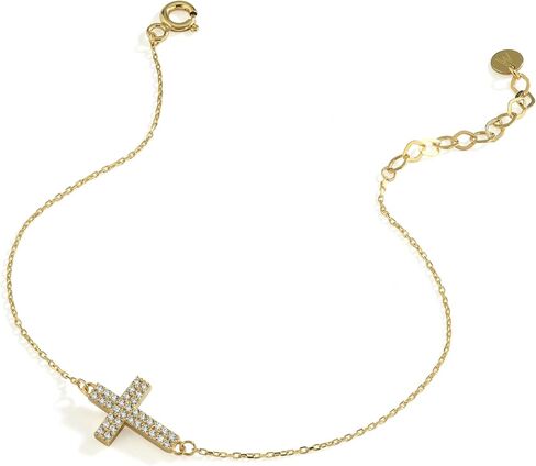 MIONZA 14K Gold Plated Sideways Cross Bracelet for Women, Dainty Adjustable Christian Bracelet, Yellow Gold, Pearl, CZ Jewelry, Baptism & Christmas Gift for Her in Saudi Arabia