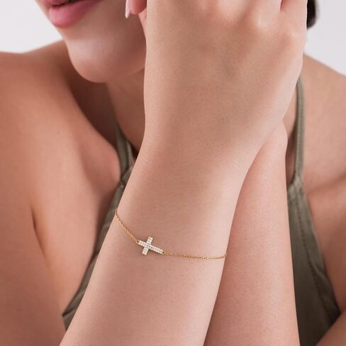 MIONZA 14K Gold Plated Sideways Cross Bracelet for Women, Dainty Adjustable Christian Bracelet, Yellow Gold, Pearl, CZ Jewelry, Baptism & Christmas Gift for Her in Saudi Arabia