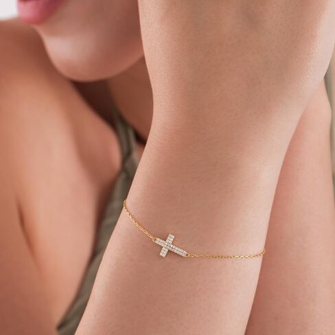 MIONZA 14K Gold Plated Sideways Cross Bracelet for Women, Dainty Adjustable Christian Bracelet, Yellow Gold, Pearl, CZ Jewelry, Baptism & Christmas Gift for Her in Saudi Arabia