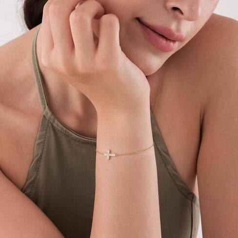MIONZA 14K Gold Plated Sideways Cross Bracelet for Women, Dainty Adjustable Christian Bracelet, Yellow Gold, Pearl, CZ Jewelry, Baptism & Christmas Gift for Her in Saudi Arabia