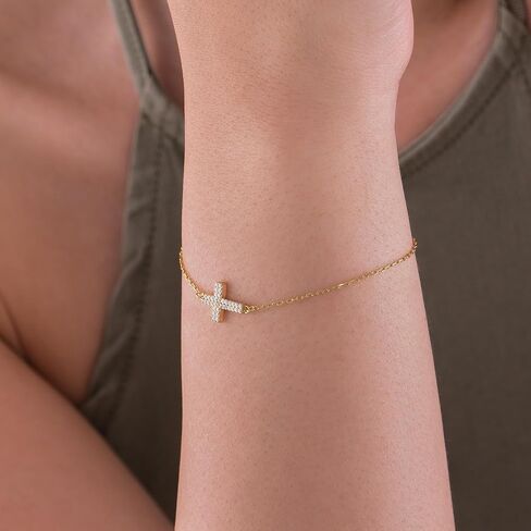 MIONZA 14K Gold Plated Sideways Cross Bracelet for Women, Dainty Adjustable Christian Bracelet, Yellow Gold, Pearl, CZ Jewelry, Baptism & Christmas Gift for Her in Saudi Arabia