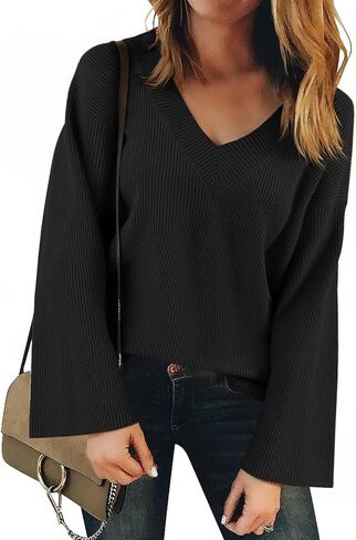 Yousify Womens V Neck Oversized Sweaters Long Sleeve Knit Pullover Trendy Casual Chunky Sweater in Saudi Arabia