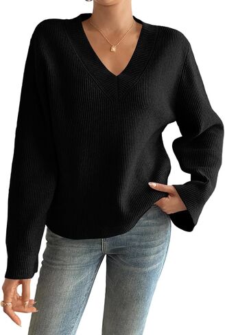 Yousify Womens V Neck Oversized Sweaters Long Sleeve Knit Pullover Trendy Casual Chunky Sweater in Saudi Arabia