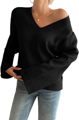 Yousify Womens V Neck Oversized Sweaters Long Sleeve Knit Pullover Trendy Casual Chunky Sweater in Saudi Arabia