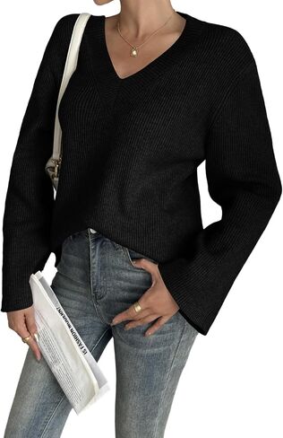 Yousify Womens V Neck Oversized Sweaters Long Sleeve Knit Pullover Trendy Casual Chunky Sweater in Saudi Arabia