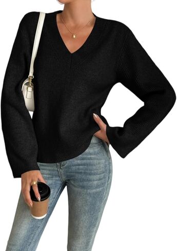 Yousify Womens V Neck Oversized Sweaters Long Sleeve Knit Pullover Trendy Casual Chunky Sweater in Saudi Arabia