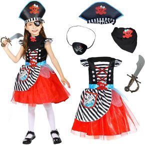 Girls Pirate Costume with Pirate Sword, Pirate Hat, Pirate Eye-patch, Pirate Coin Bag, Gold Coins