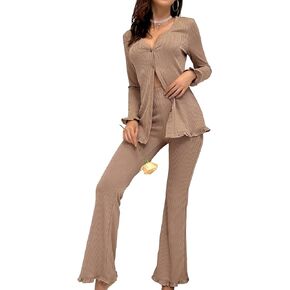 Verdusa Women's 2 Piece Sleepwear Lounge Sets Lettuce Trim Button Up Top and Pants
