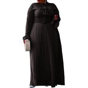 VERWIN Plus Size Floor-Length Solid Long Sleeve Pleated Women's Maxi Dress Prom Dress with Belt