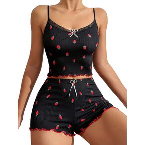 SOLY HUX Women's Pajama Set Strawberry Print Lace Trim Cami Top and Shorts Lounge Sets Sleepwear
