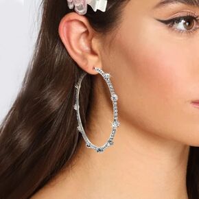 Doubnine Large Hoops Silver Rhinestones Statement Earrings Cubic Zirconia Hoop Dance Party Jewelry for Women