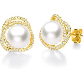 Gold Plated Sterling Silver Twist Freshwater Pearl Stud Earrings for Women Gift