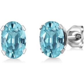 Gem Stone King 925 Sterling Silver Blue Zircon Stud Earrings For Women (2.40 Cttw, Oval 7X5MM)