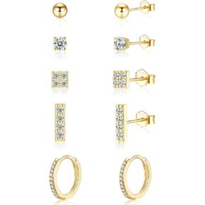 Sterling Silver Earrings for Women Men- 5 Pairs CZ Cubic Zirconia Small Stud Earrings Cartilage Hoop Earrings Set, Silver/Gold