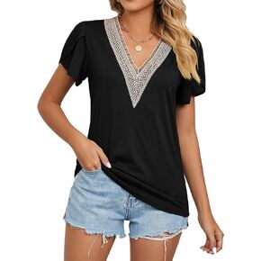 Cap Sleeve Summer Tops for Women Trendy Floral Print Casual V Neck T Shirts Petal Sleeve Blouses