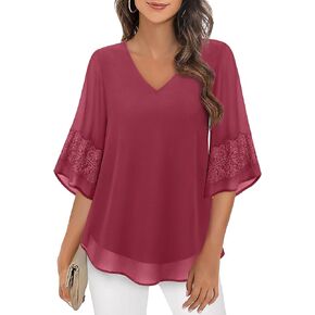 VALOLIA Women's Half Sleeve Chiffon Blouses V Neck Elegant Layered Tunic Shirts