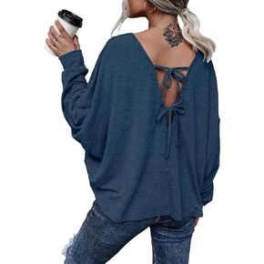 MakeMeChic Women's Solid Tie Back V Neck Long Sleeve Drop Shoulder Casual Tee Shirt Top