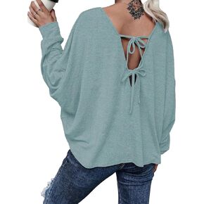 MakeMeChic Women's Solid Tie Back V Neck Long Sleeve Drop Shoulder Casual Tee Shirt Top