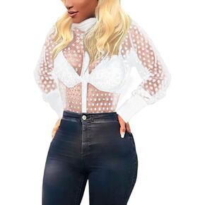 Women's Button Down Shirt Polka Dots Sheer See Through Long Sleeve Blouse
