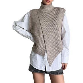 OYOANGLE Women's High Neck Sleeveless Split Asymmetrical Hem Sweater Vest Rib Knit Pullover Tops