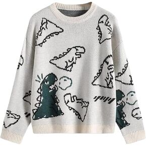Gloomia Women's Cartoon Sweater Dinosaur Print Round Neck Knit Pullover Y2K E-Girl Loose Casual Sweater