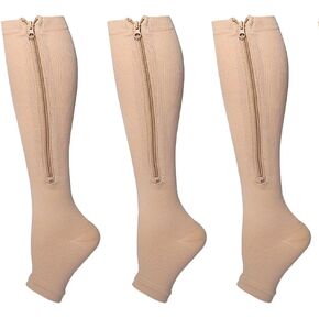 3 Packs Plus Size Compression Socks with Zipper, Knee High 15-20 mmHg for Women Men, Open Toe Support Socks for Veins