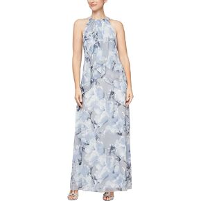 S.L. Fashions Women's Long Maxi Chiffon Gown with Jewel Halter Neck Dress
