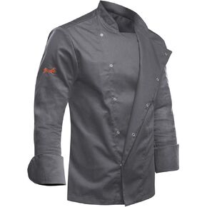 Chef Coat for Men Long Sleeves Stretch Cotton Baker's Coat - Slim style, Slim fit - XS-4XL - Black Grey White