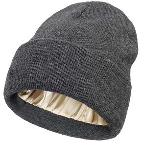 Unisex Satin Lined Plain Blank Long Knitted Cuff Beanie Cap