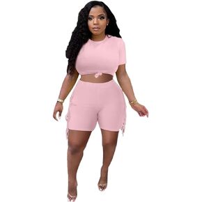 acelyn Women's Two Piece Outfits Summer Tracksuit Crop Tops Fringed Short Sets Clubwear