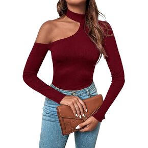 SOLY HUX Women's Cut Out Asymmetrical Neck T Shirt Long Sleeve Fitted Tee Tops