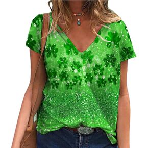 Melliflo Women's St. Patrick's Day Shirts V Neck Green Lucky Clover Top Short Sleeve Printed Tee Shirt