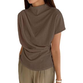 OYOANGLE Women's Ruched Draped Front Mock Neck Short Sleeve Solid Tee Shirt Top