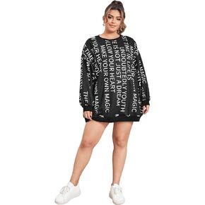 WDIRARA Women's Letter Printed Plus Size Drop Shoulder Long Sleeve Casual Street Sweatshirt Dress