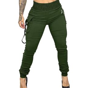 Flamingals Women's Solid Flap Pocket Elastic Waistband Cargo Pants High Waist Casual Pants