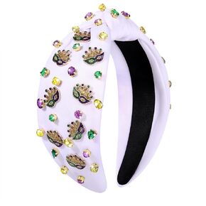 boderier Mardi Gras Headband for Women Rhinestone Fleur De Lis Mask Crown Headband Jewel Embellished Knotted Headband Fat Tuesday Carnival Outfit Accessories (Mardi Gras Crown Mask)