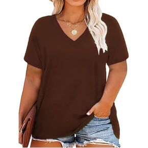 RITERA Plus Size Tops for Women 2X Oversized Summer Basic Tunic Solid Colors Ladies V Neck Short Sleeve Henley Shirt Casual Cute Brown Blouses 2X 18W 20W